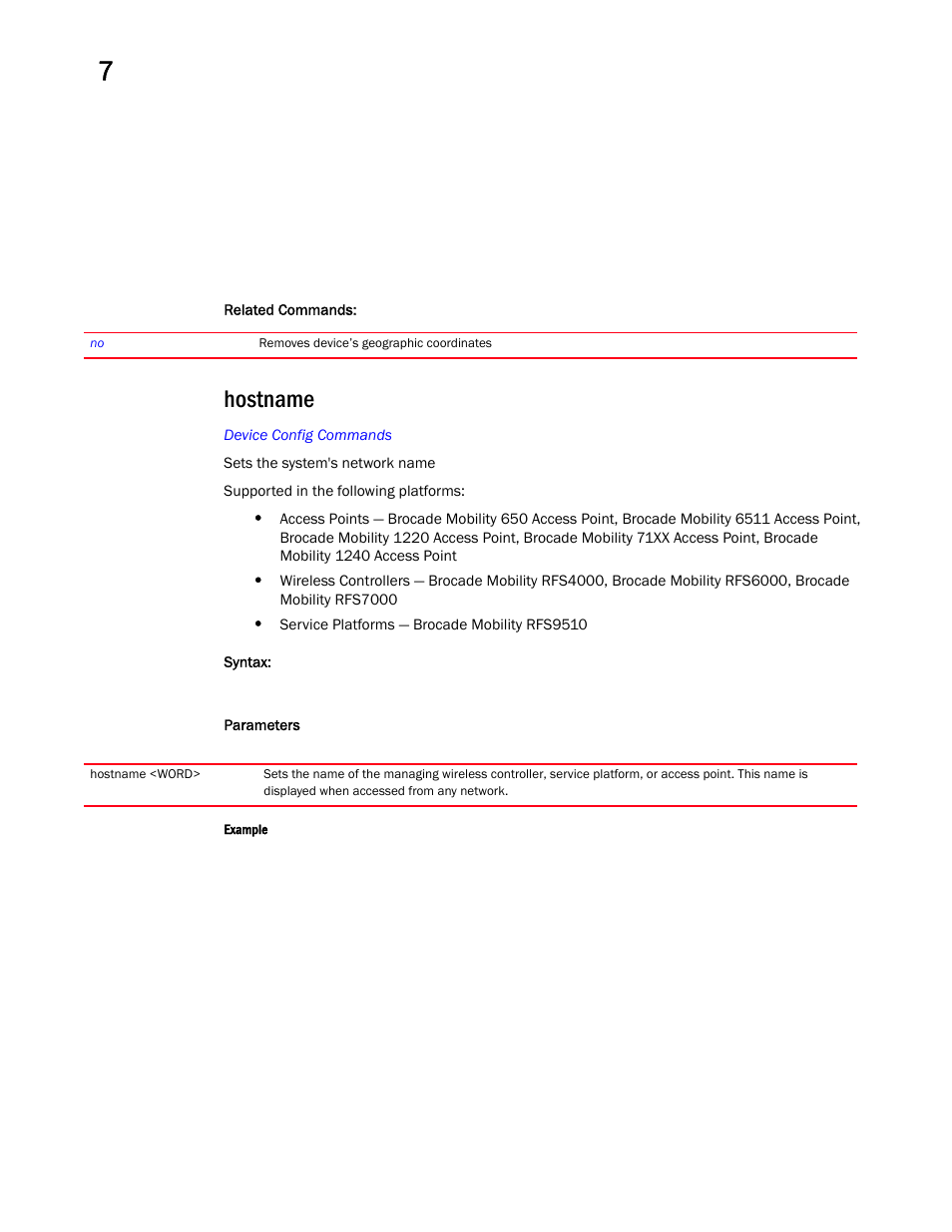 Hostname | Brocade Mobility RFS Controller CLI Reference Guide (Supporting software release 5.5.0.0 and later) User Manual | Page 827 / 1355