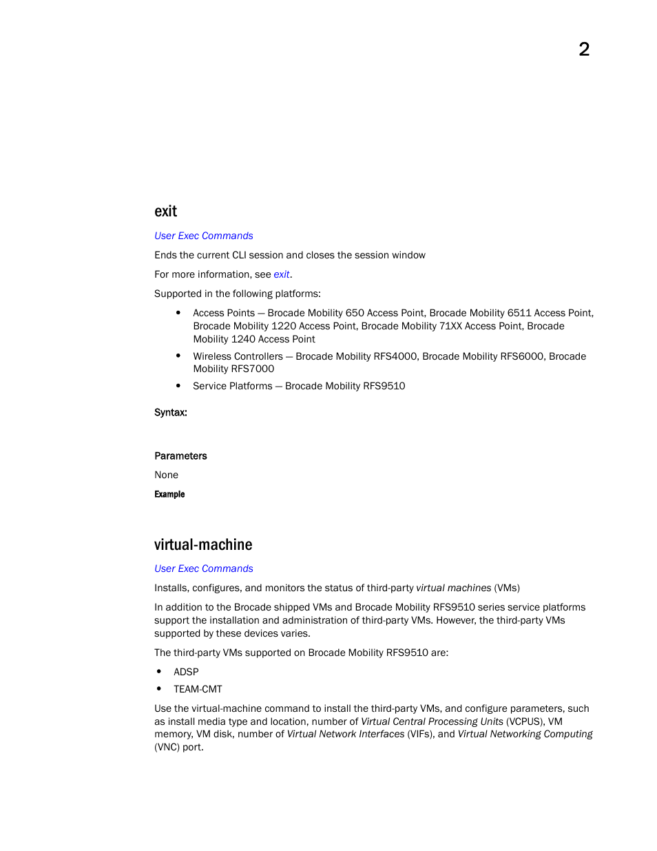 Exit, Virtual-machine | Brocade Mobility RFS Controller CLI Reference Guide (Supporting software release 5.5.0.0 and later) User Manual | Page 83 / 1355