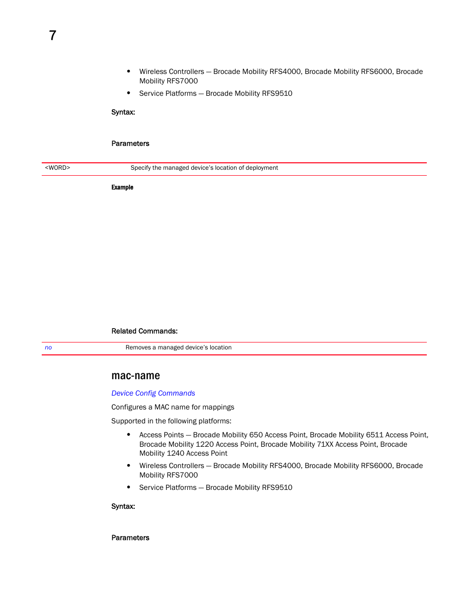 Mac-name | Brocade Mobility RFS Controller CLI Reference Guide (Supporting software release 5.5.0.0 and later) User Manual | Page 831 / 1355