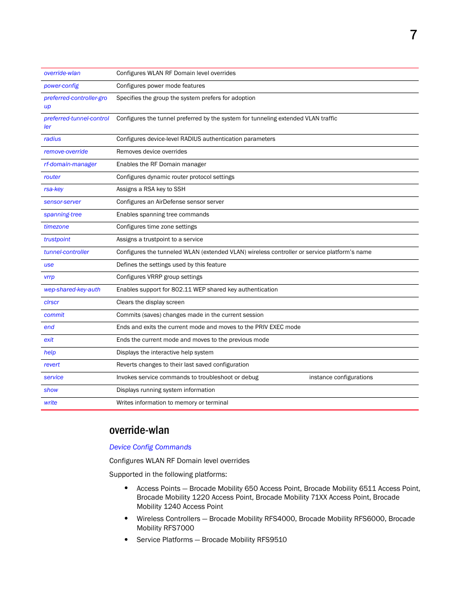 Override-wlan | Brocade Mobility RFS Controller CLI Reference Guide (Supporting software release 5.5.0.0 and later) User Manual | Page 836 / 1355