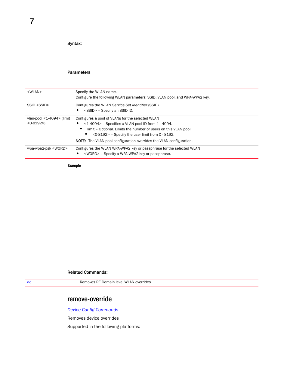 Remove-override | Brocade Mobility RFS Controller CLI Reference Guide (Supporting software release 5.5.0.0 and later) User Manual | Page 837 / 1355