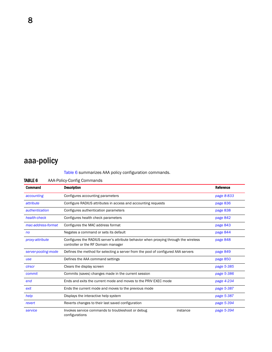 Aaa-policy | Brocade Mobility RFS Controller CLI Reference Guide (Supporting software release 5.5.0.0 and later) User Manual | Page 845 / 1355