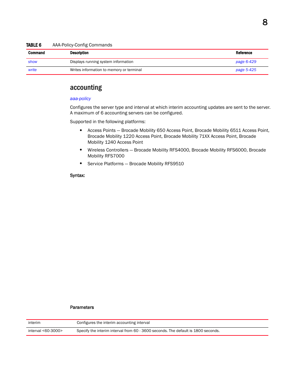 Accounting | Brocade Mobility RFS Controller CLI Reference Guide (Supporting software release 5.5.0.0 and later) User Manual | Page 846 / 1355