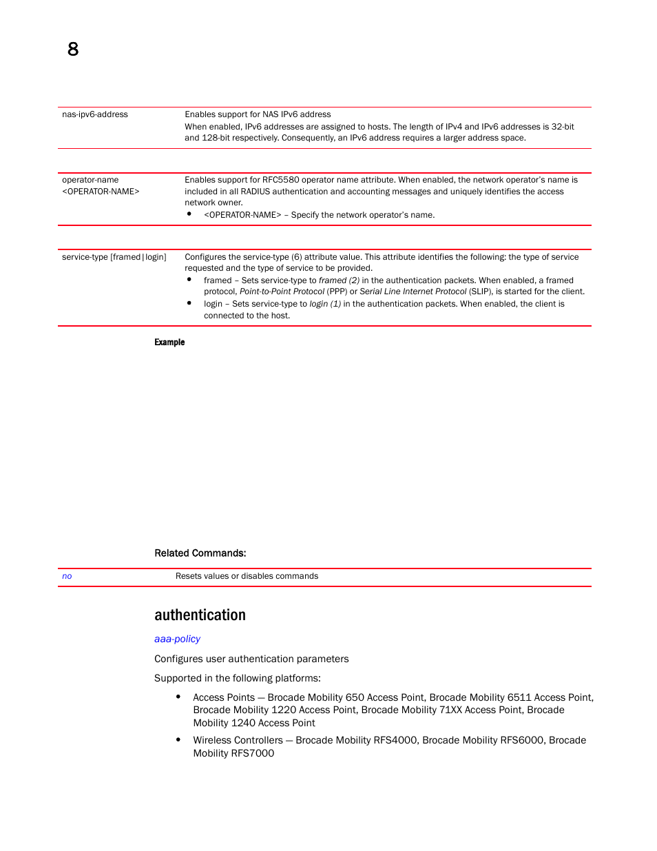 Authentication | Brocade Mobility RFS Controller CLI Reference Guide (Supporting software release 5.5.0.0 and later) User Manual | Page 851 / 1355