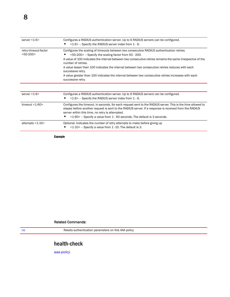 Health-check | Brocade Mobility RFS Controller CLI Reference Guide (Supporting software release 5.5.0.0 and later) User Manual | Page 855 / 1355