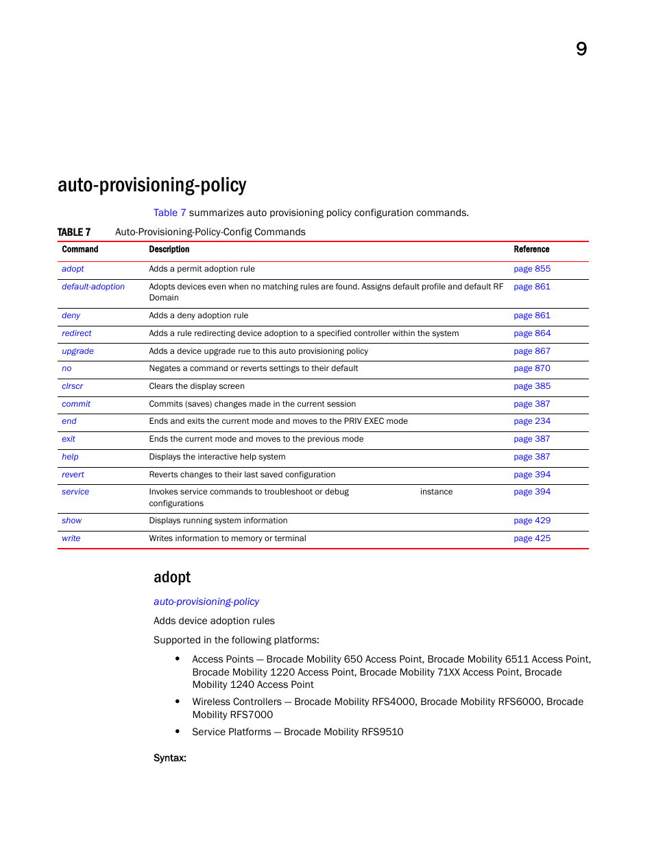 Auto-provisioning-policy, Adopt | Brocade Mobility RFS Controller CLI Reference Guide (Supporting software release 5.5.0.0 and later) User Manual | Page 867 / 1355