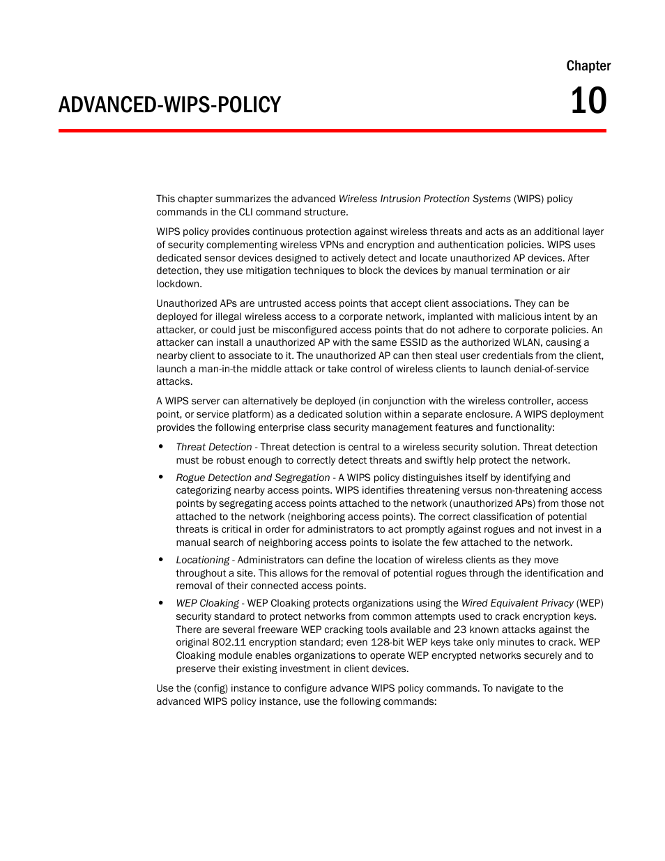 Advanced-wips-policy, Chapter 10, Rmation on wips, see | Chapter 10, advanced-wips-policy | Brocade Mobility RFS Controller CLI Reference Guide (Supporting software release 5.5.0.0 and later) User Manual | Page 885 / 1355