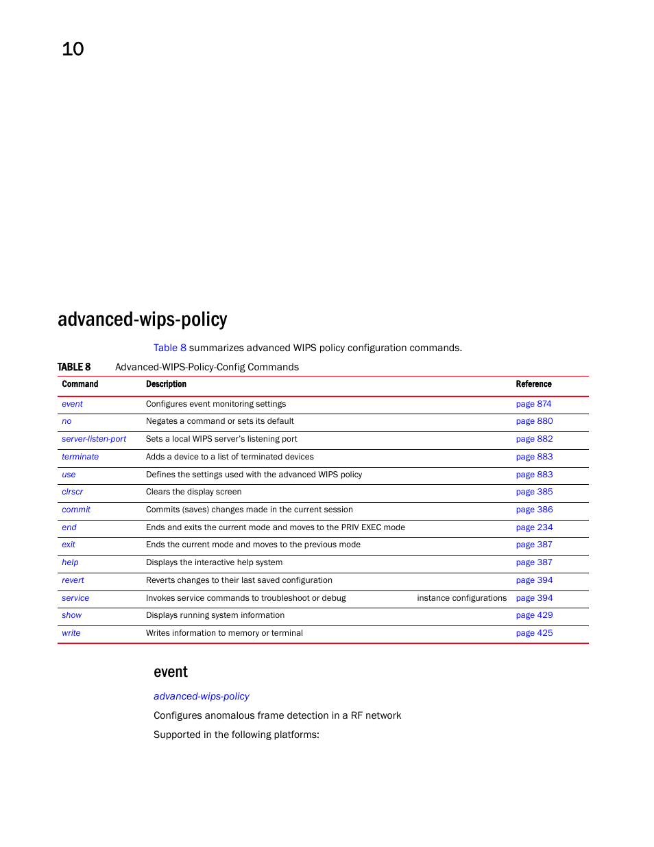 Advanced-wips-policy, Event | Brocade Mobility RFS Controller CLI Reference Guide (Supporting software release 5.5.0.0 and later) User Manual | Page 886 / 1355