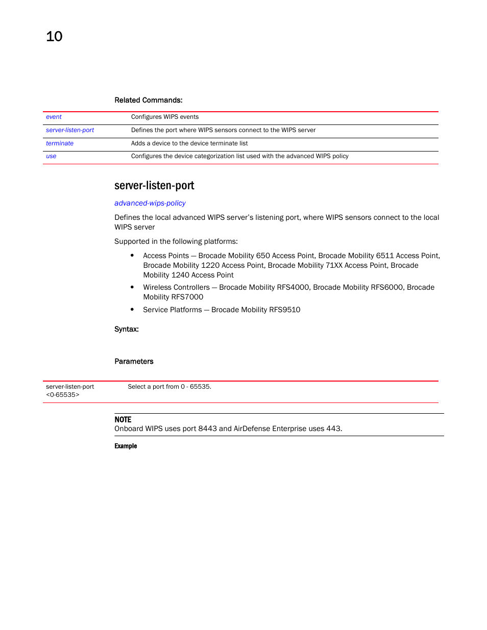 Server-listen-port | Brocade Mobility RFS Controller CLI Reference Guide (Supporting software release 5.5.0.0 and later) User Manual | Page 894 / 1355