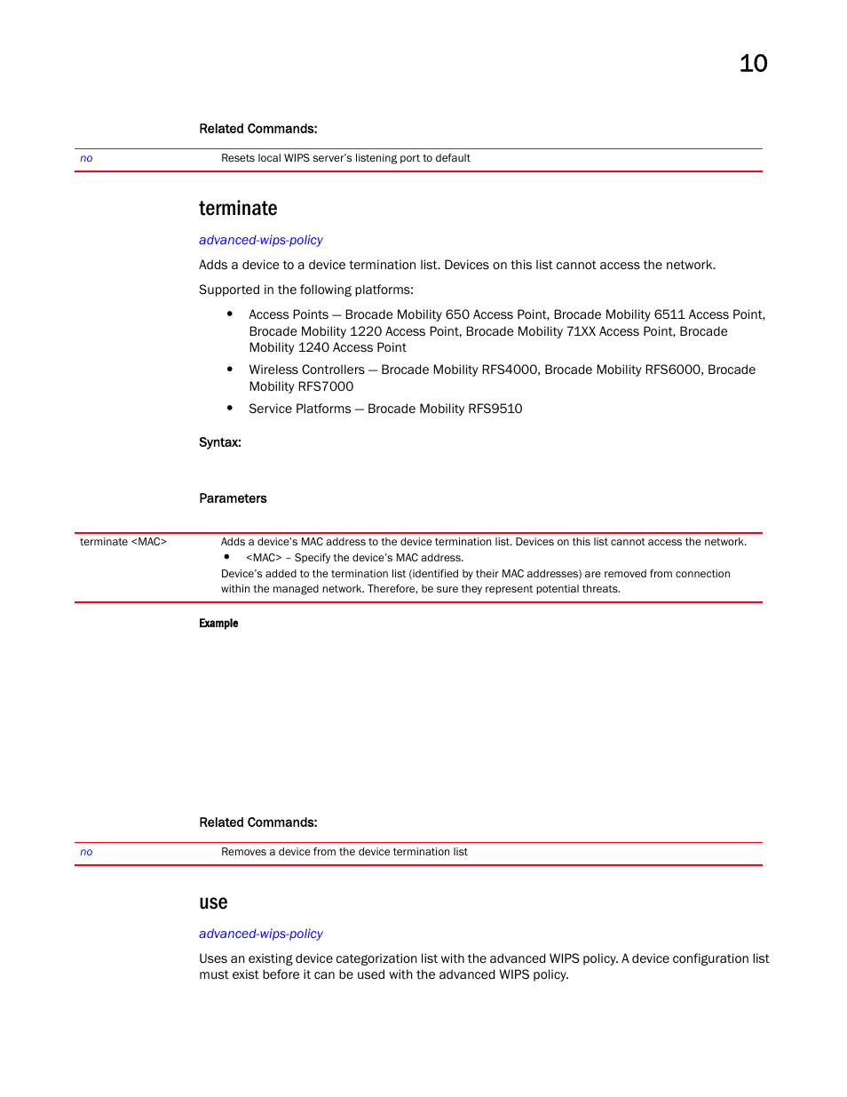 Terminate | Brocade Mobility RFS Controller CLI Reference Guide (Supporting software release 5.5.0.0 and later) User Manual | Page 895 / 1355