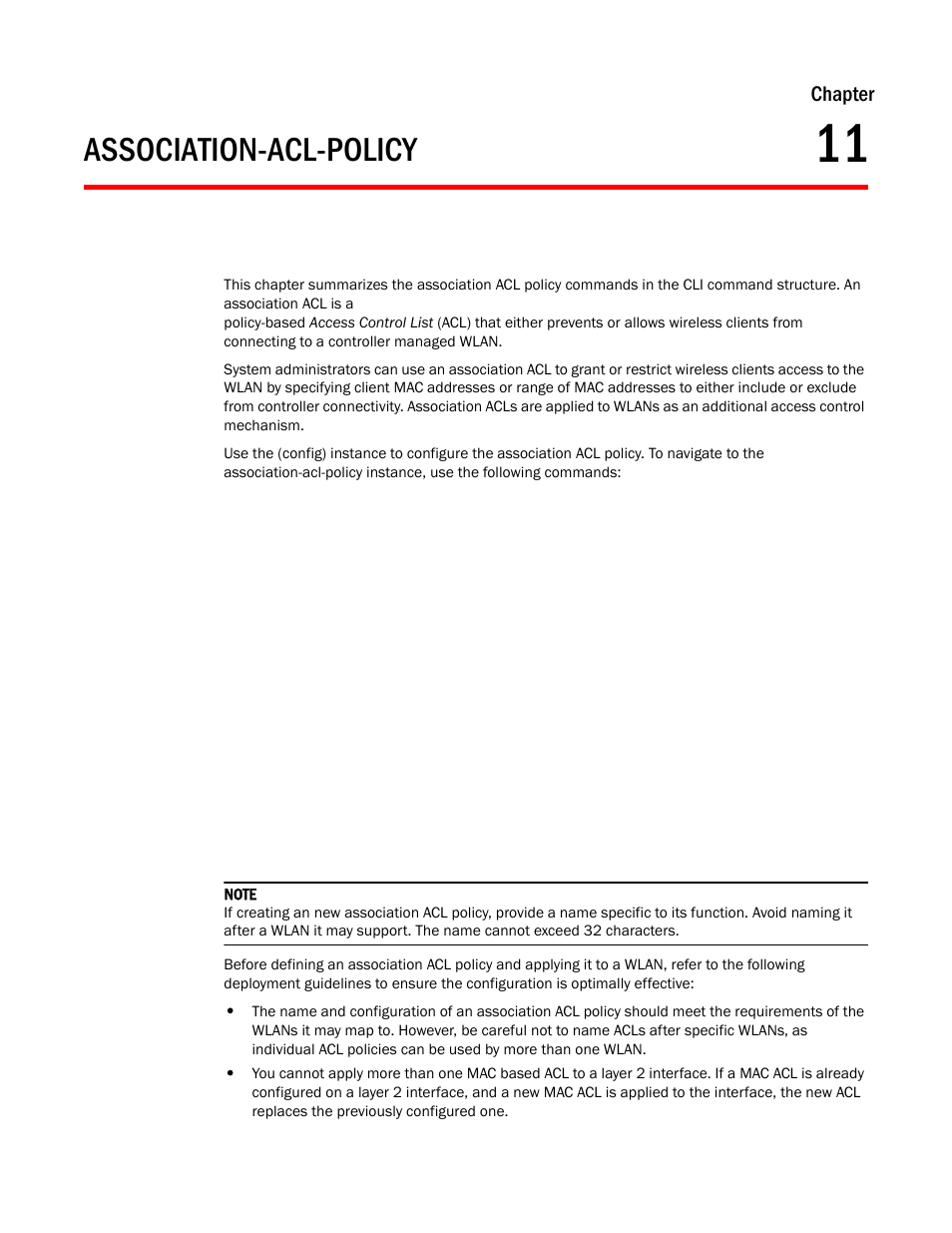 Association-acl-policy, Chapter 11, Chapter | Brocade Mobility RFS Controller CLI Reference Guide (Supporting software release 5.5.0.0 and later) User Manual | Page 897 / 1355