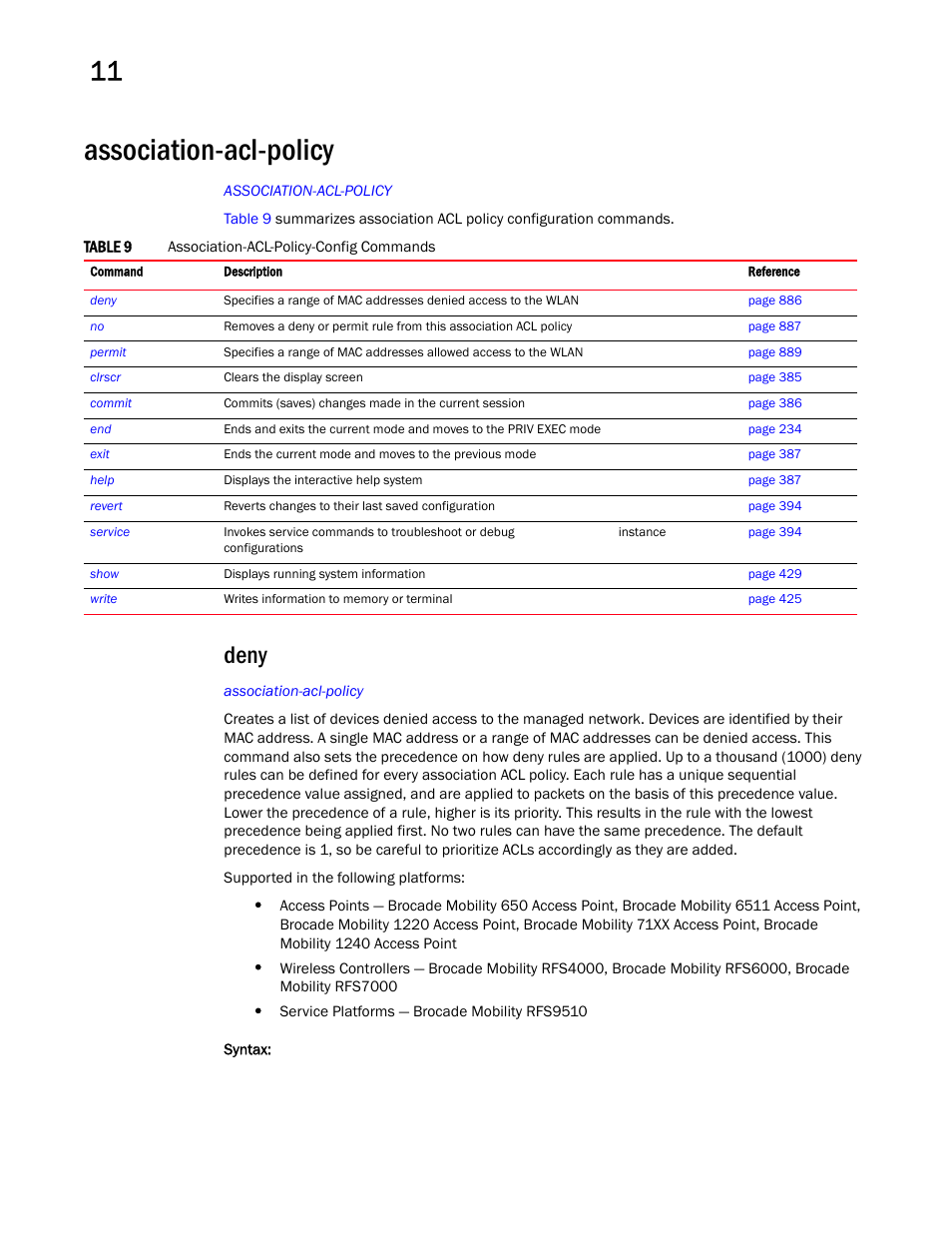 Association-acl-policy, Deny | Brocade Mobility RFS Controller CLI Reference Guide (Supporting software release 5.5.0.0 and later) User Manual | Page 898 / 1355