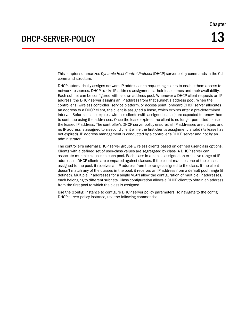 Dhcp-server-policy, Chapter 13, Chapter | Brocade Mobility RFS Controller CLI Reference Guide (Supporting software release 5.5.0.0 and later) User Manual | Page 940 / 1355