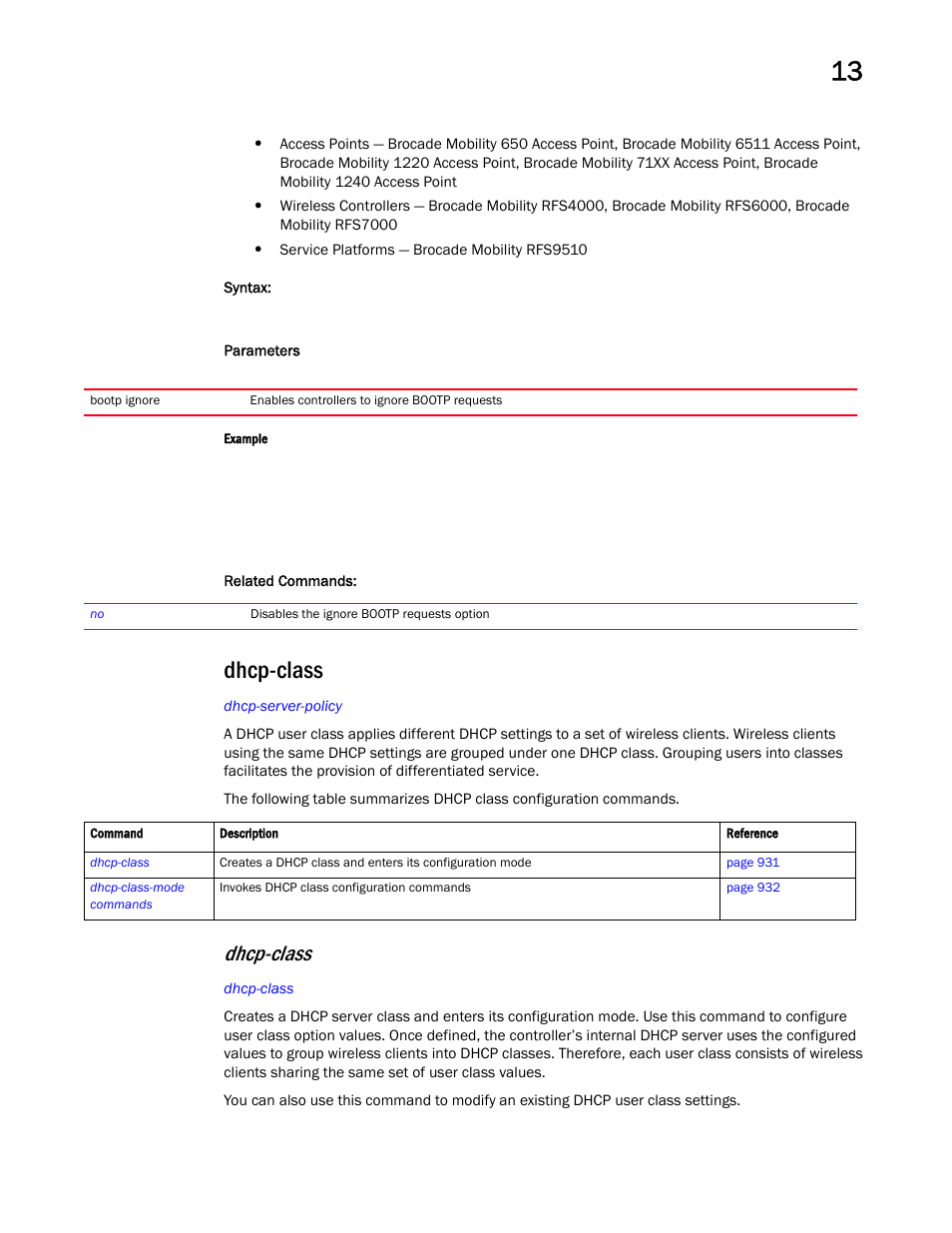 Dhcp-class | Brocade Mobility RFS Controller CLI Reference Guide (Supporting software release 5.5.0.0 and later) User Manual | Page 942 / 1355