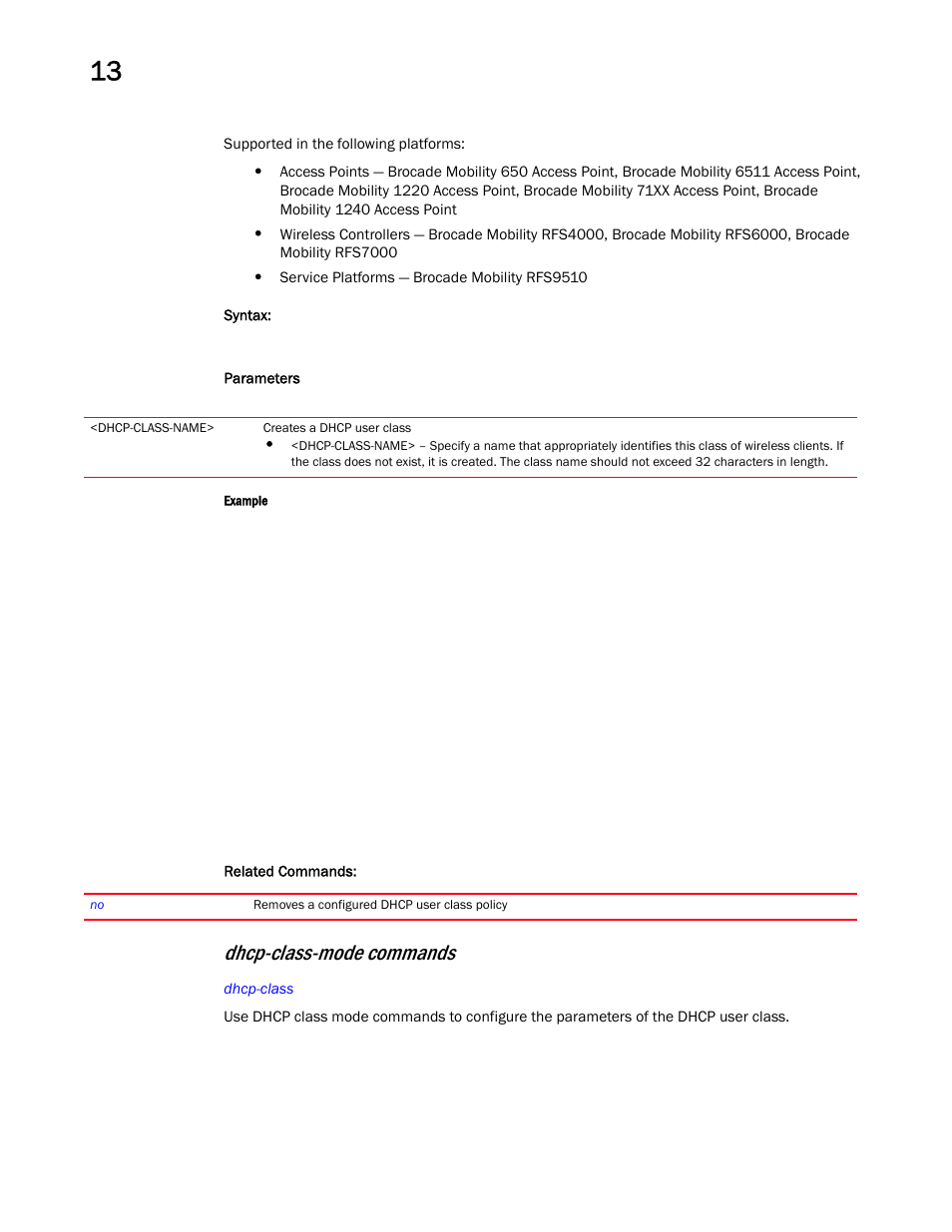 Dhcp-class-mode commands | Brocade Mobility RFS Controller CLI Reference Guide (Supporting software release 5.5.0.0 and later) User Manual | Page 943 / 1355