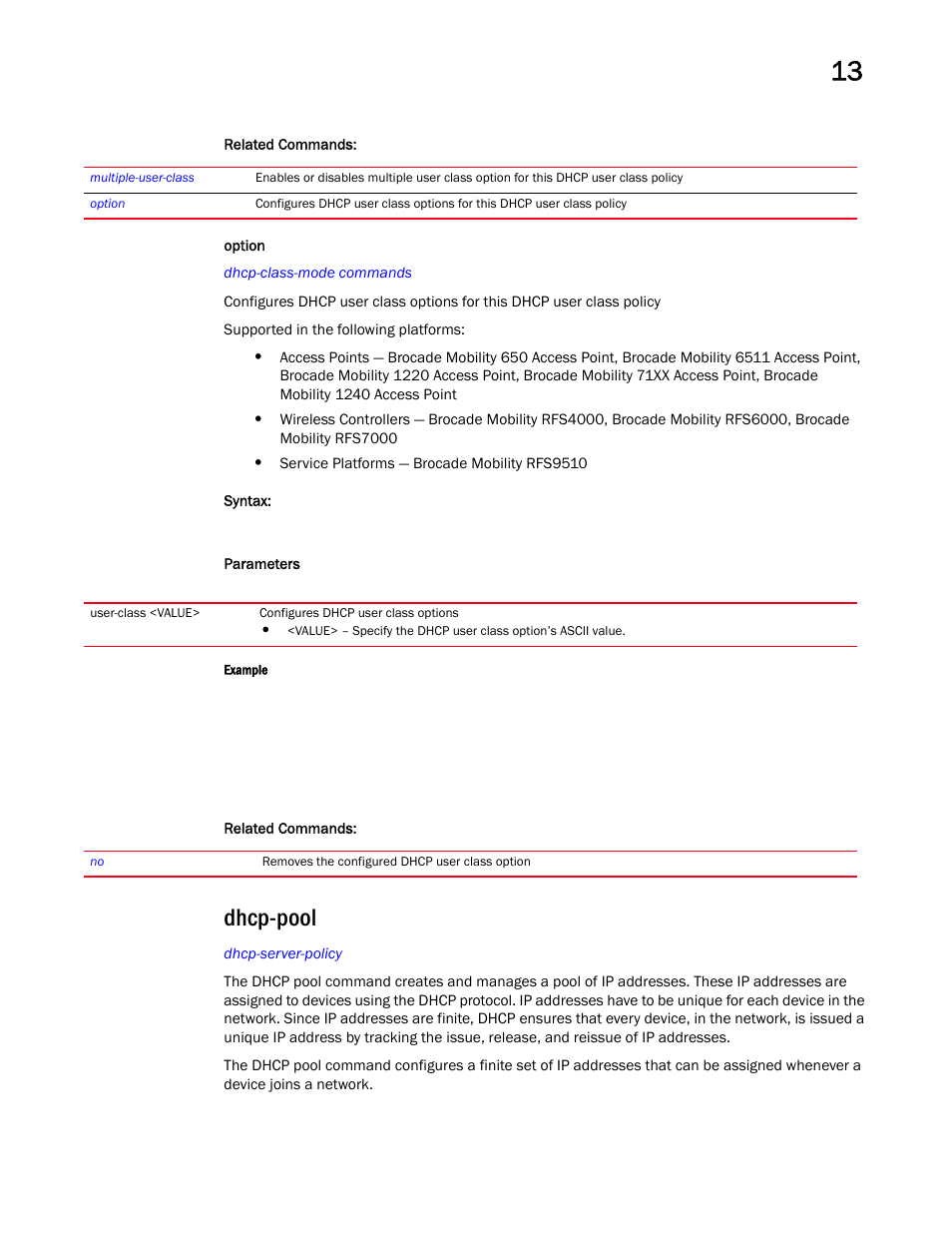 Dhcp-pool, Option | Brocade Mobility RFS Controller CLI Reference Guide (Supporting software release 5.5.0.0 and later) User Manual | Page 946 / 1355