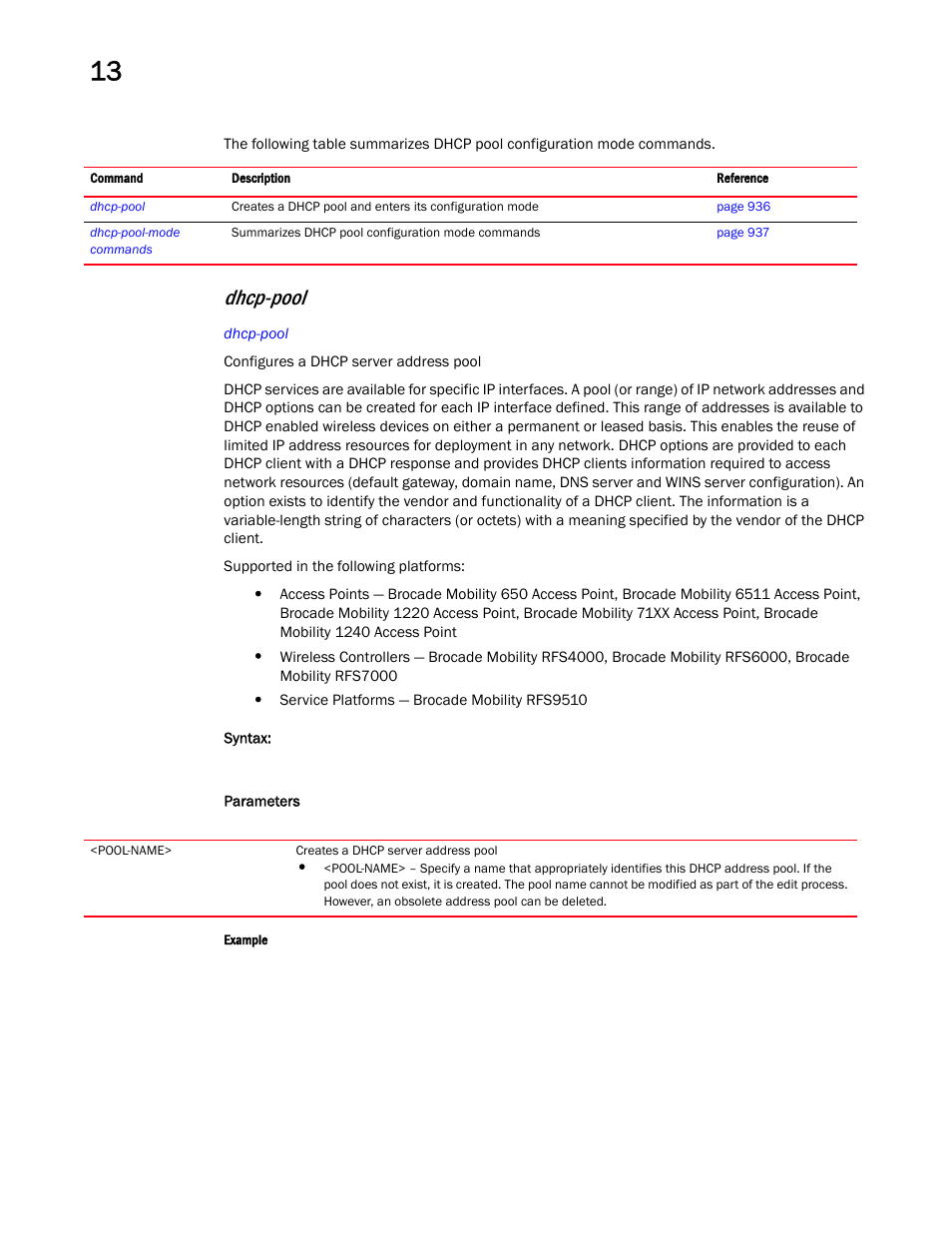 Dhcp-pool | Brocade Mobility RFS Controller CLI Reference Guide (Supporting software release 5.5.0.0 and later) User Manual | Page 947 / 1355