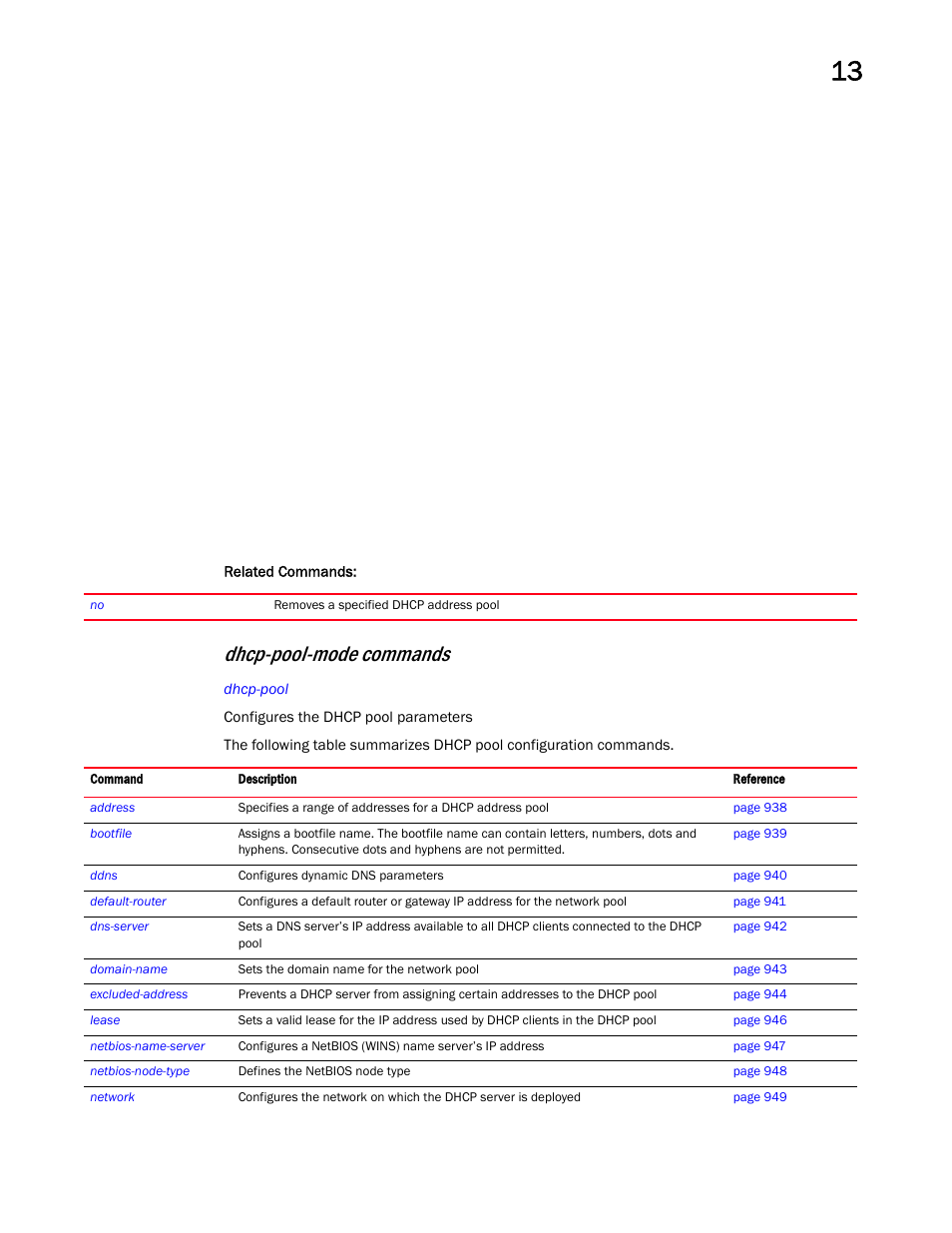 Dhcp-pool-mode commands | Brocade Mobility RFS Controller CLI Reference Guide (Supporting software release 5.5.0.0 and later) User Manual | Page 948 / 1355