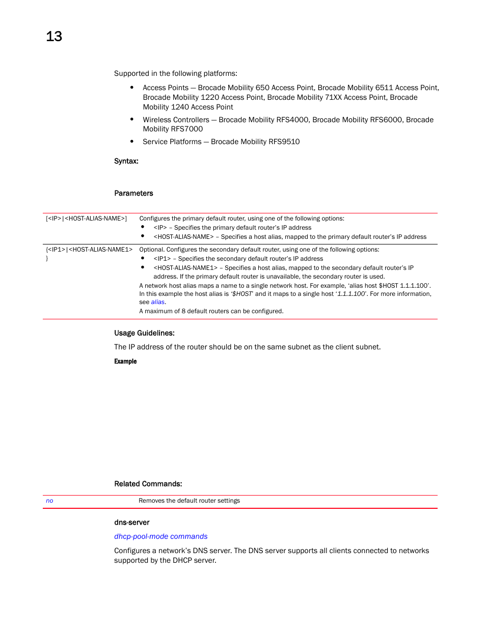 Dns-server | Brocade Mobility RFS Controller CLI Reference Guide (Supporting software release 5.5.0.0 and later) User Manual | Page 953 / 1355