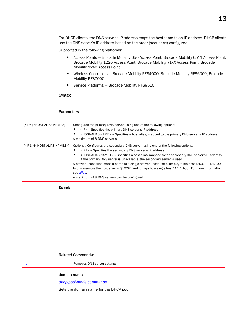 Domain-name | Brocade Mobility RFS Controller CLI Reference Guide (Supporting software release 5.5.0.0 and later) User Manual | Page 954 / 1355