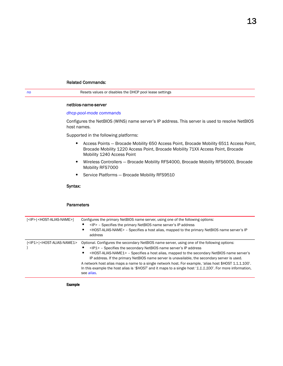 Netbios-name-server | Brocade Mobility RFS Controller CLI Reference Guide (Supporting software release 5.5.0.0 and later) User Manual | Page 958 / 1355