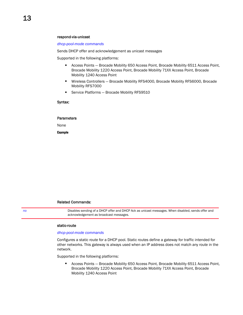 Respond-via-unicast, Static-route | Brocade Mobility RFS Controller CLI Reference Guide (Supporting software release 5.5.0.0 and later) User Manual | Page 967 / 1355