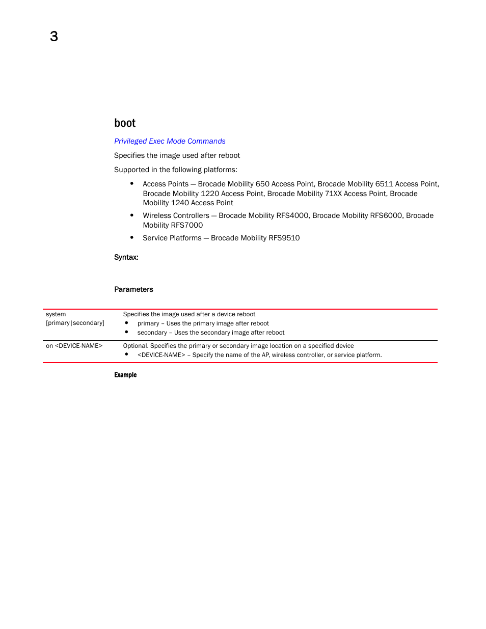 Boot | Brocade Mobility RFS Controller CLI Reference Guide (Supporting software release 5.5.0.0 and later) User Manual | Page 97 / 1355