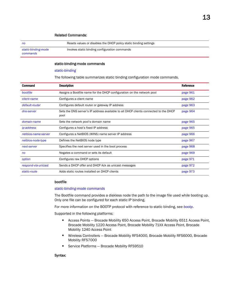 Static-binding-mode commands | Brocade Mobility RFS Controller CLI Reference Guide (Supporting software release 5.5.0.0 and later) User Manual | Page 972 / 1355