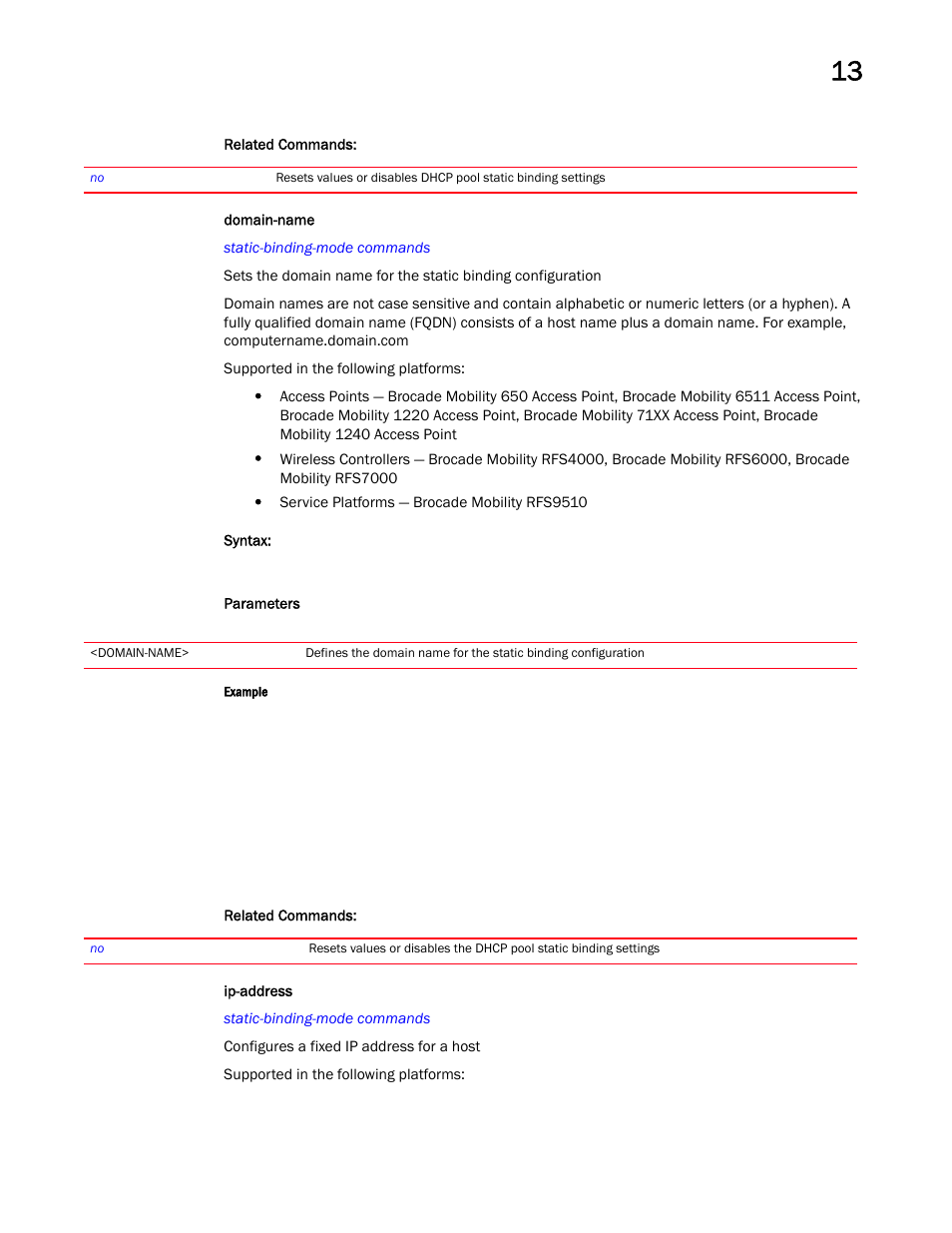 Domain-name, Ip-address | Brocade Mobility RFS Controller CLI Reference Guide (Supporting software release 5.5.0.0 and later) User Manual | Page 976 / 1355