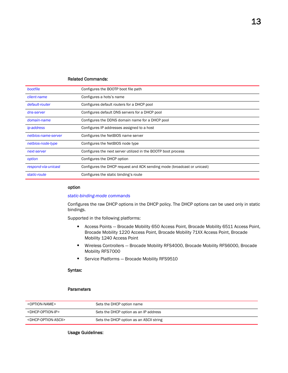 Option | Brocade Mobility RFS Controller CLI Reference Guide (Supporting software release 5.5.0.0 and later) User Manual | Page 982 / 1355