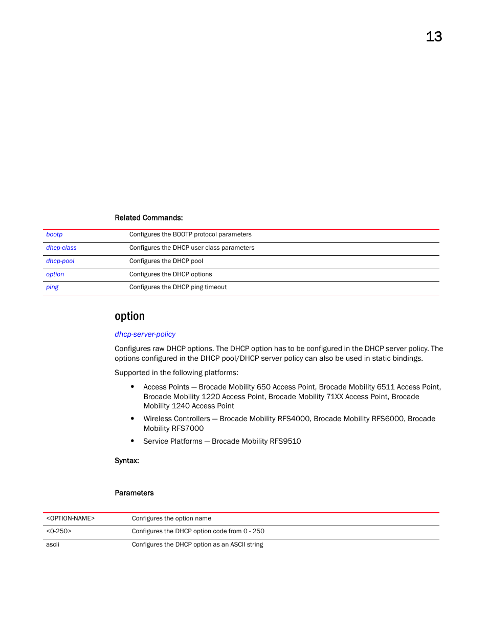 Option | Brocade Mobility RFS Controller CLI Reference Guide (Supporting software release 5.5.0.0 and later) User Manual | Page 986 / 1355