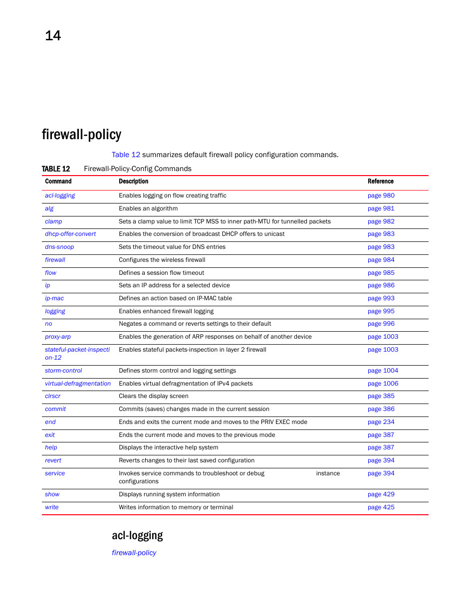 Firewall-policy, Acl-logging | Brocade Mobility RFS Controller CLI Reference Guide (Supporting software release 5.5.0.0 and later) User Manual | Page 990 / 1355