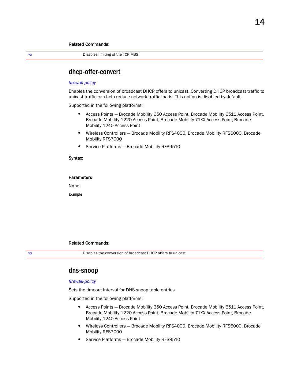 Dhcp-offer-convert, Dns-snoop | Brocade Mobility RFS Controller CLI Reference Guide (Supporting software release 5.5.0.0 and later) User Manual | Page 993 / 1355