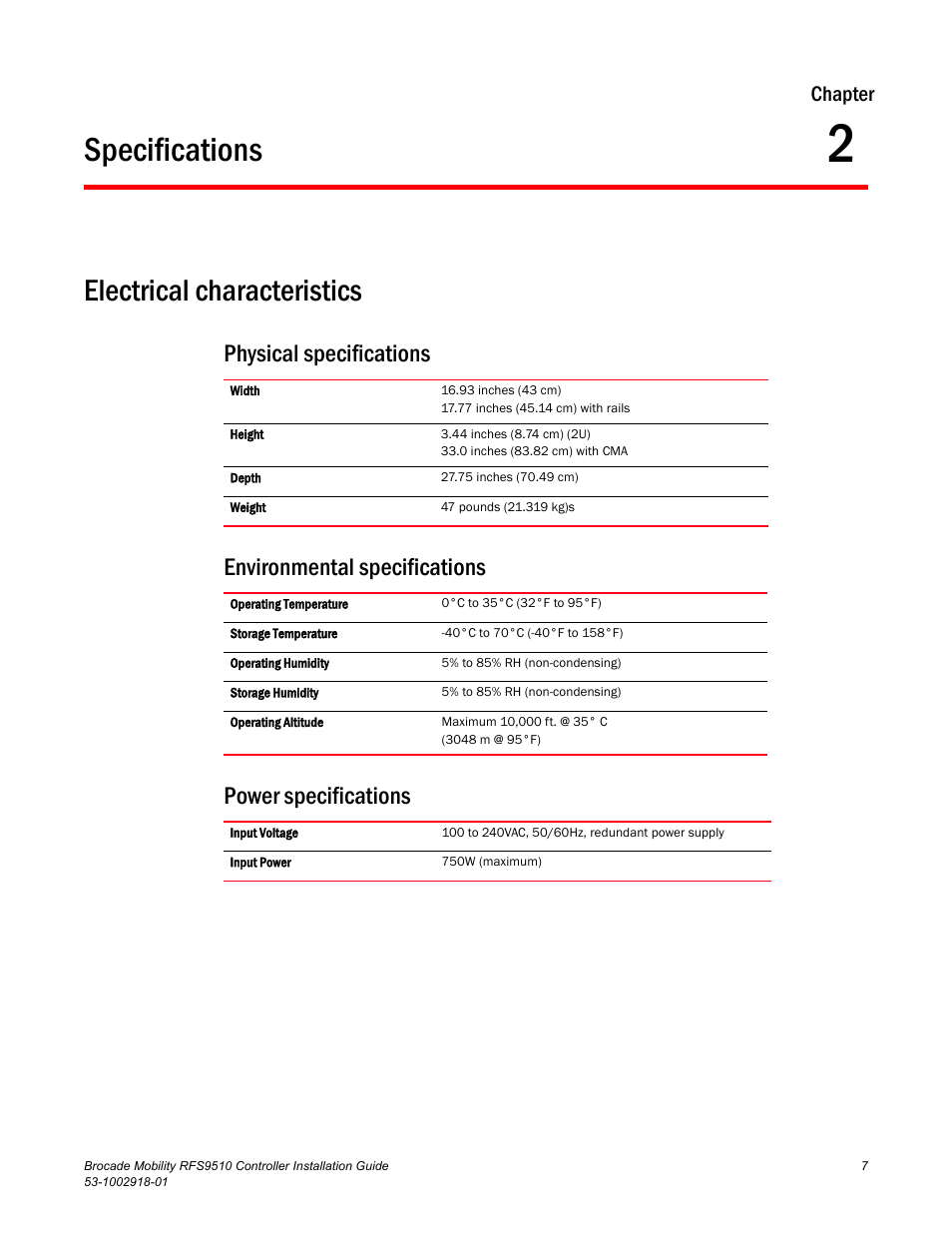 Specifications, Electrical characteristics, Physical specifications | Environmental specifications, Power specifications, Chapter 2, Chapter | Brocade Mobility RFS9510 Controller Installation Guide User Manual | Page 11 / 27