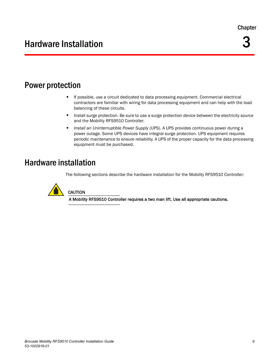 Hardware installation, Power protection, Chapter 3 | Brocade Mobility RFS9510 Controller Installation Guide User Manual | Page 13 / 27
