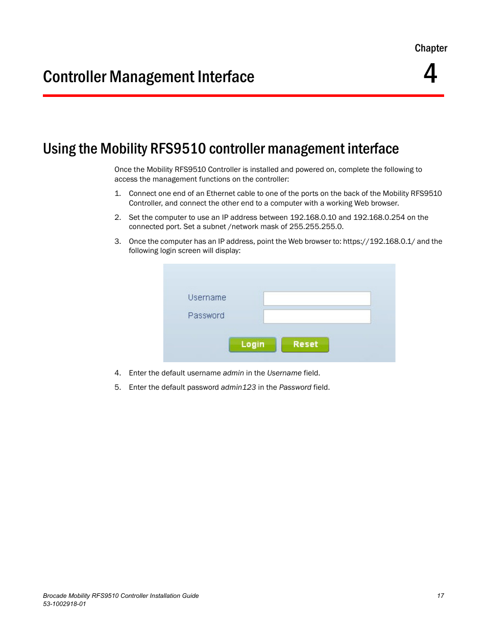 Controller management interface, Chapter 4 | Brocade Mobility RFS9510 Controller Installation Guide User Manual | Page 21 / 27