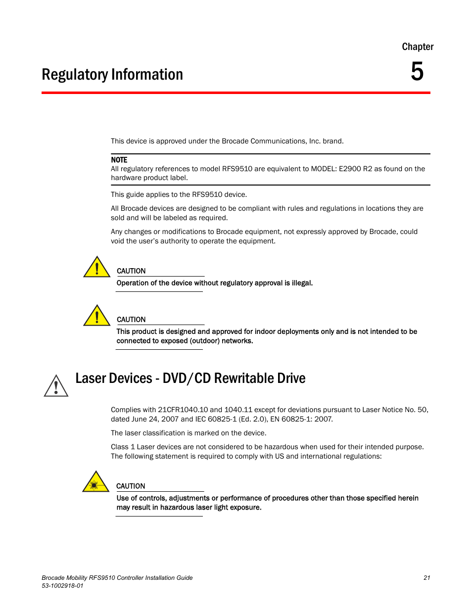 Regulatory information, Laser devices - dvd/cd rewritable drive, Chapter 5 | Brocade Mobility RFS9510 Controller Installation Guide User Manual | Page 25 / 27