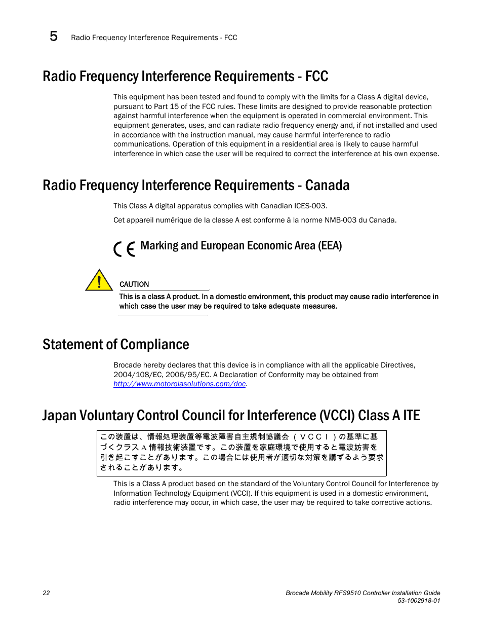 Radio frequency interference requirements - fcc, Radio frequency interference requirements - canada, Marking and european economic area (eea) | Statement of compliance | Brocade Mobility RFS9510 Controller Installation Guide User Manual | Page 26 / 27