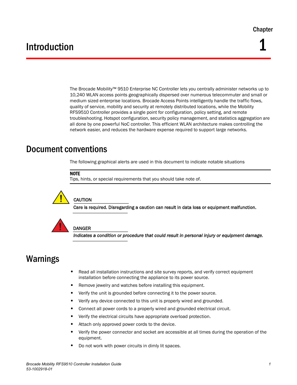 Introduction, Document conventions, Warnings | Chapter 1 | Brocade Mobility RFS9510 Controller Installation Guide User Manual | Page 5 / 27