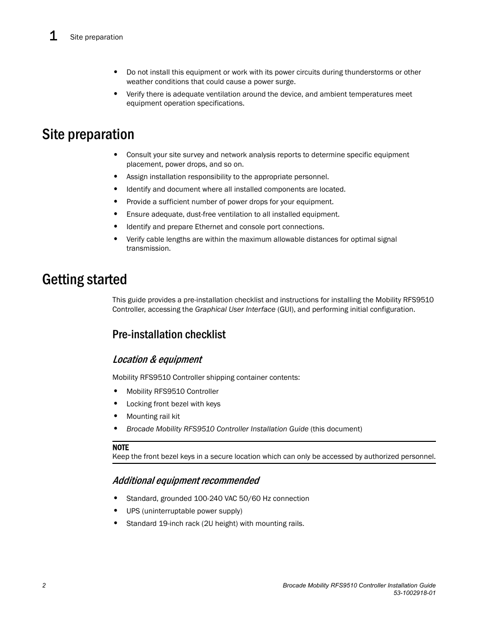 Site preparation, Getting started, Pre-installation checklist | Location & equipment, Additional equipment recommended | Brocade Mobility RFS9510 Controller Installation Guide User Manual | Page 6 / 27