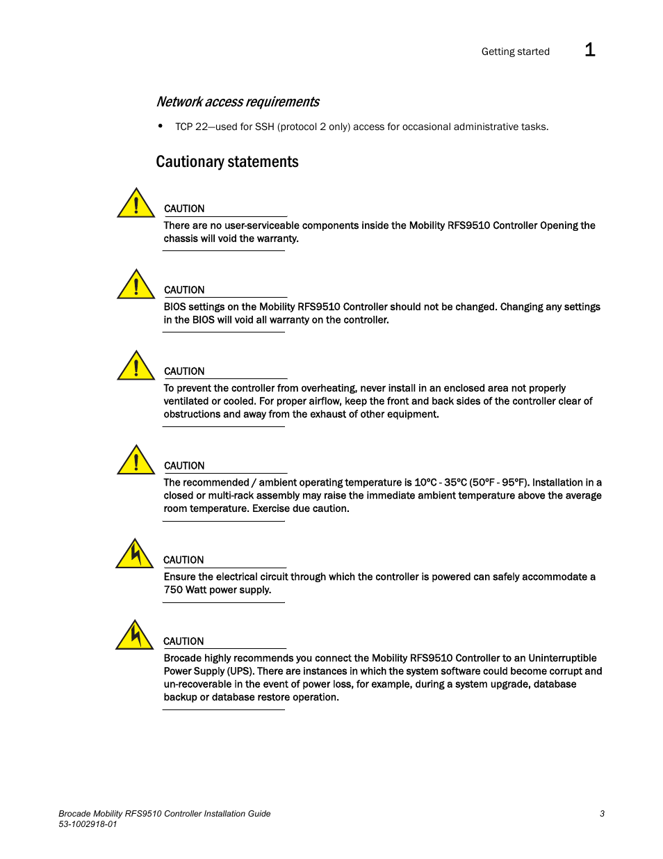 Cautionary statements, Network access requirements | Brocade Mobility RFS9510 Controller Installation Guide User Manual | Page 7 / 27