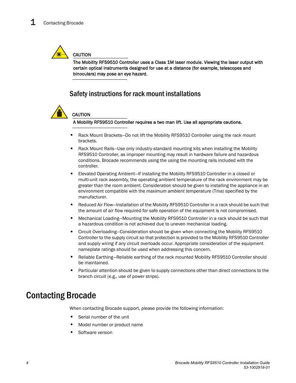 Safety instructions for rack mount installations, Contacting brocade | Brocade Mobility RFS9510 Controller Installation Guide User Manual | Page 8 / 27