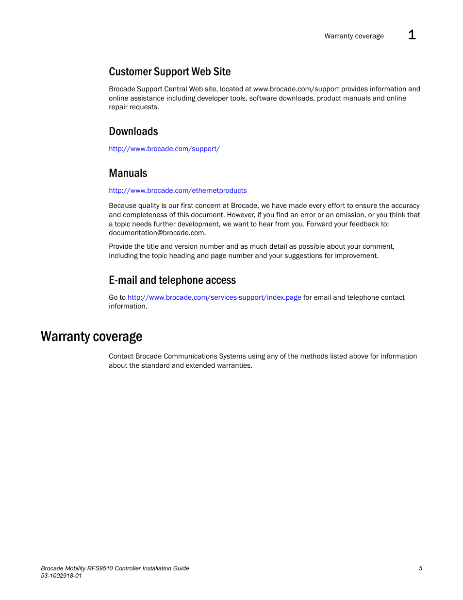 Customer support web site, Downloads, Manuals | E-mail and telephone access, Warranty coverage | Brocade Mobility RFS9510 Controller Installation Guide User Manual | Page 9 / 27