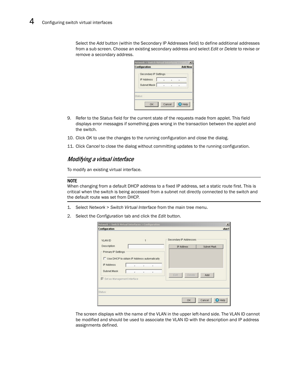 Modifying a virtual interface | Brocade Mobility RFS7000-GR Controller System Reference Guide (Supporting software release 4.1.0.0-040GR and later) User Manual | Page 104 / 556