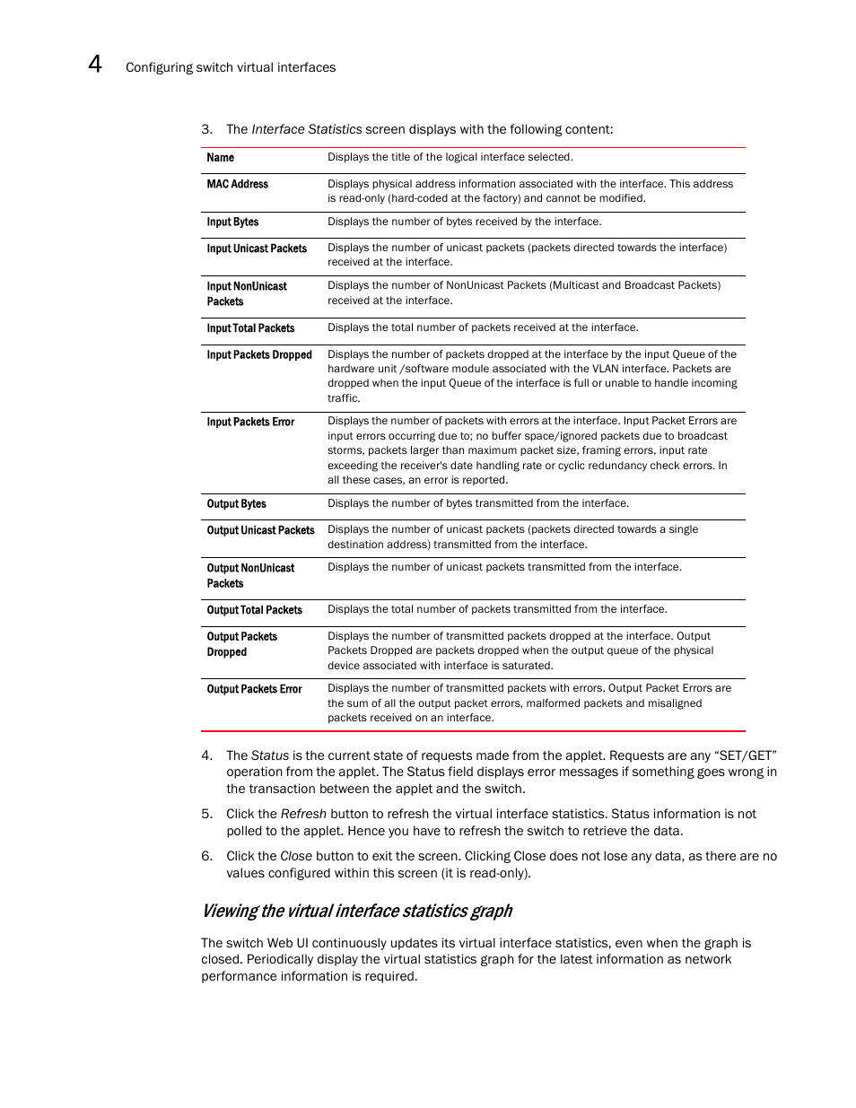 Viewing the virtual interface statistics graph | Brocade Mobility RFS7000-GR Controller System Reference Guide (Supporting software release 4.1.0.0-040GR and later) User Manual | Page 108 / 556