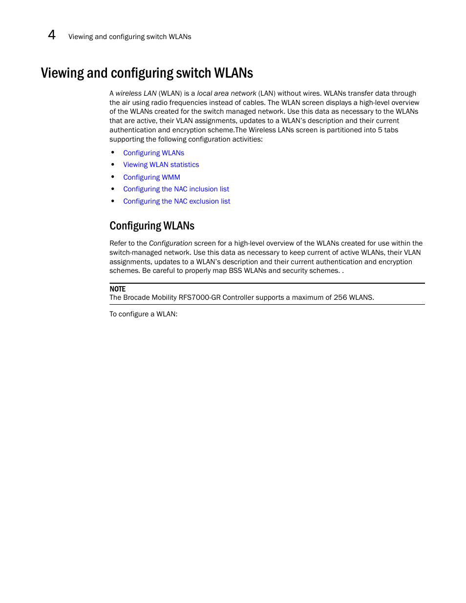 Viewing and configuring switch wlans, Configuring wlans, Viewing and configuring switch | Wlans | Brocade Mobility RFS7000-GR Controller System Reference Guide (Supporting software release 4.1.0.0-040GR and later) User Manual | Page 110 / 556