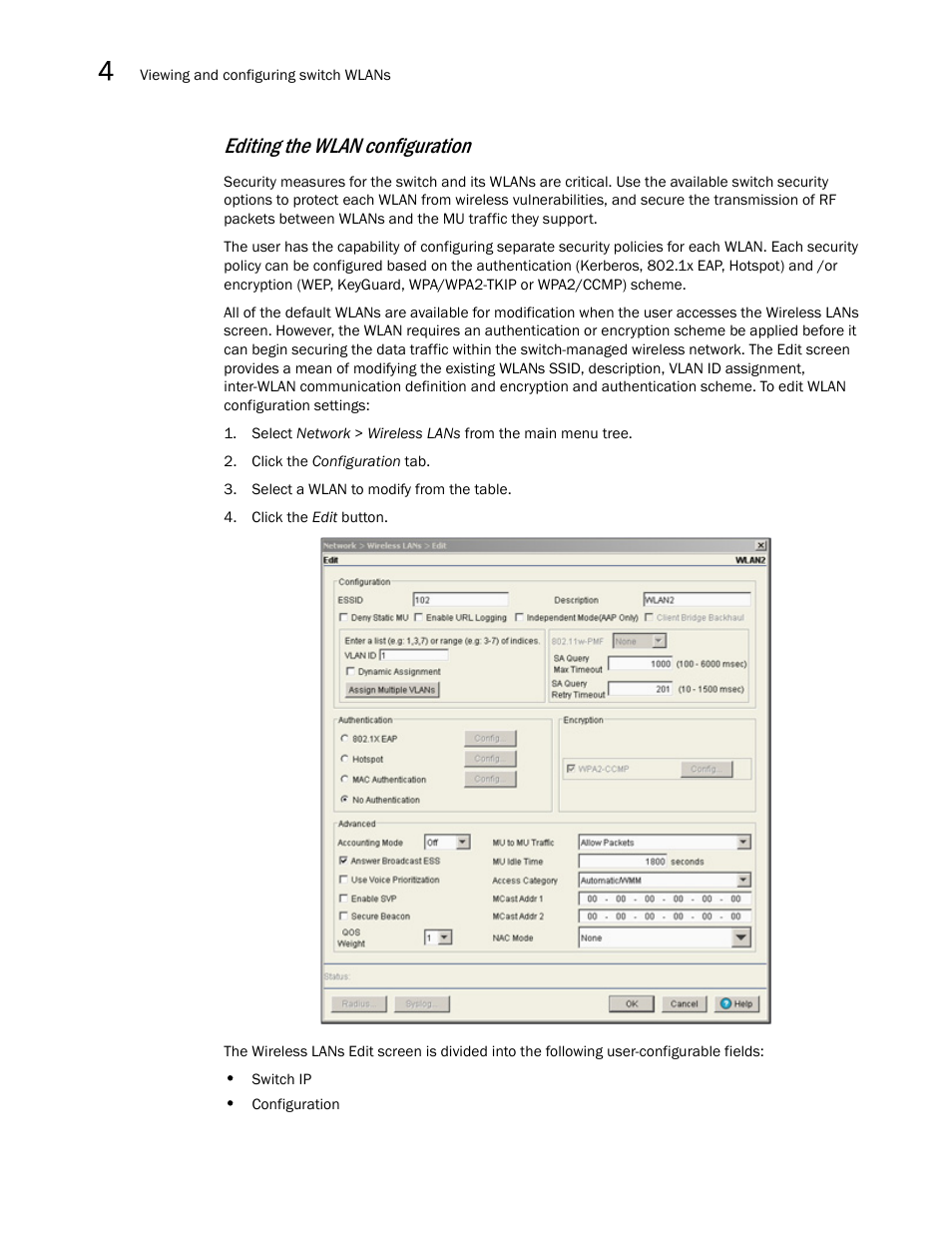 Editing the wlan configuration, Editing the, Wlan configuration | Brocade Mobility RFS7000-GR Controller System Reference Guide (Supporting software release 4.1.0.0-040GR and later) User Manual | Page 114 / 556