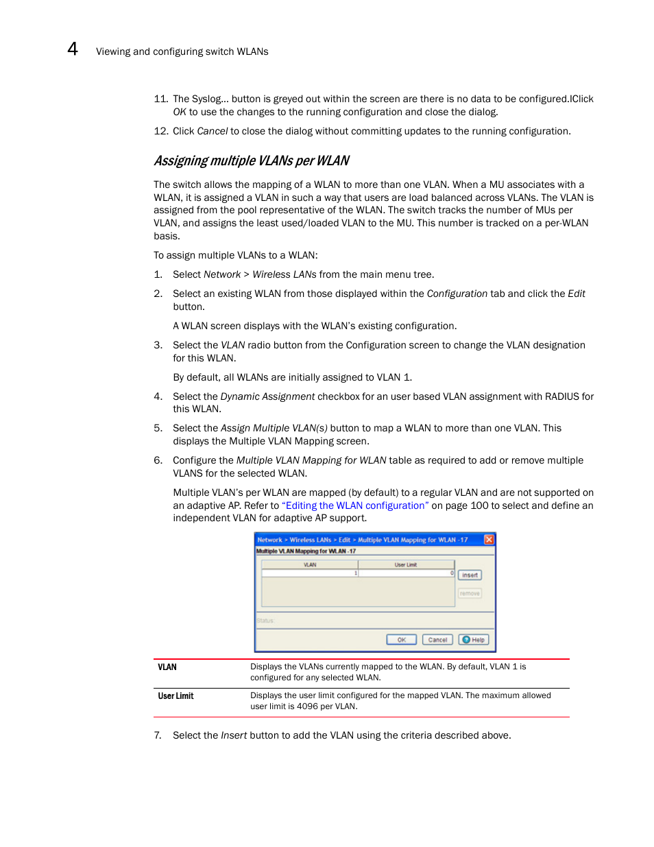 Assigning multiple vlans per wlan | Brocade Mobility RFS7000-GR Controller System Reference Guide (Supporting software release 4.1.0.0-040GR and later) User Manual | Page 118 / 556