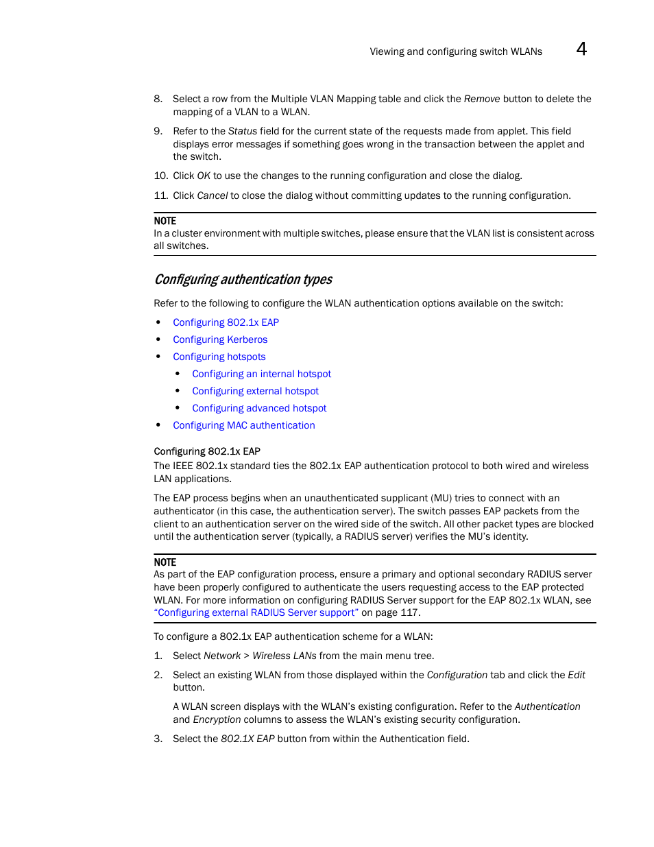 Configuring 802.1x eap, In a cluster environment, Configuring authentication types | Brocade Mobility RFS7000-GR Controller System Reference Guide (Supporting software release 4.1.0.0-040GR and later) User Manual | Page 119 / 556