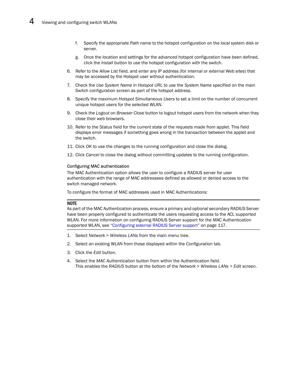 Configuring, Mac authentication, Configuring mac authentication | Brocade Mobility RFS7000-GR Controller System Reference Guide (Supporting software release 4.1.0.0-040GR and later) User Manual | Page 130 / 556